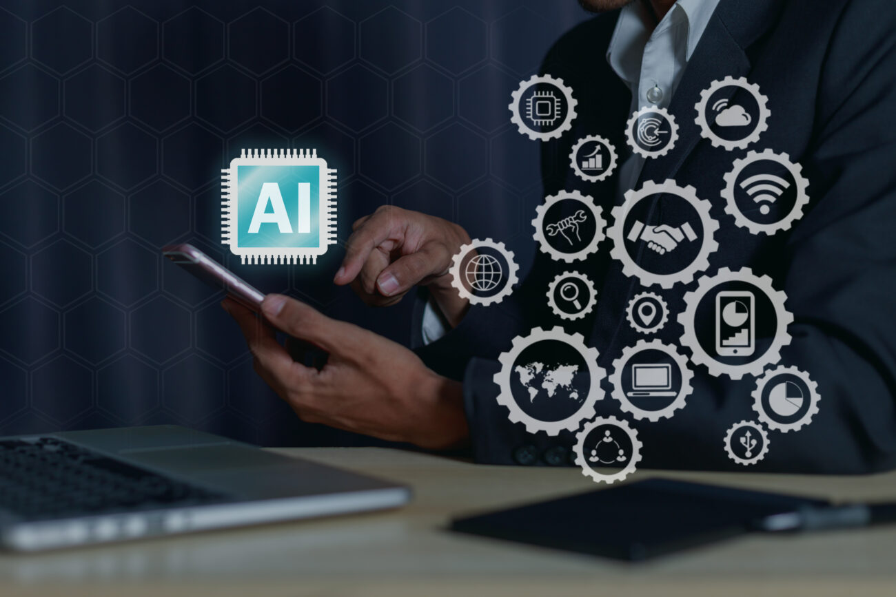 Business people are using AI technology, artificial intelligence, planning strategies. and business development Using a mobile smartphone on a global network